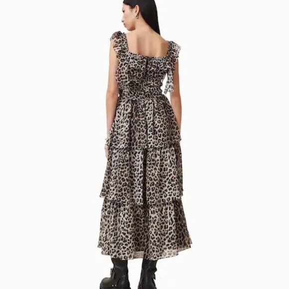 All Saints Solonda Leopard Print Chiffon Ruffle Smocked Waist Maxi Dress Size 0 - Picture 5 of 13